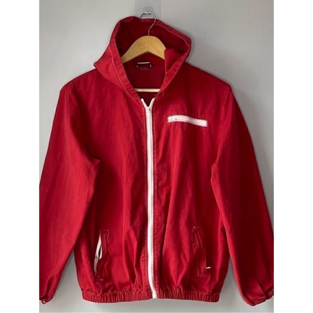Brandy Melville John Galt Cotton Red Zip Up Jacket Hooded Windbreaker